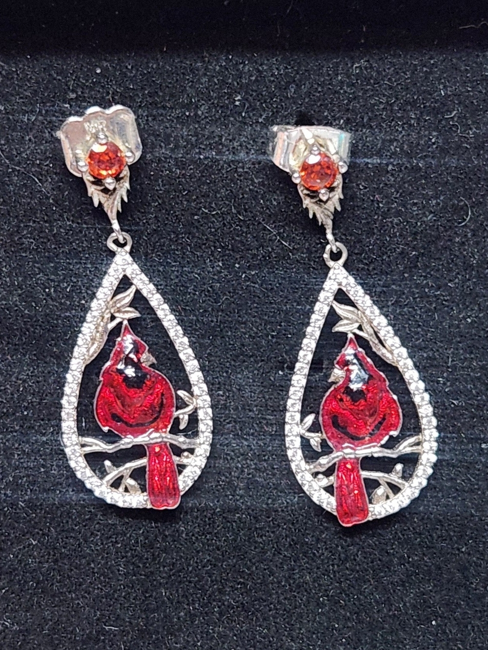 S925 Red Cardinal Teardrop Dangle Earrings - Women's Jewelry